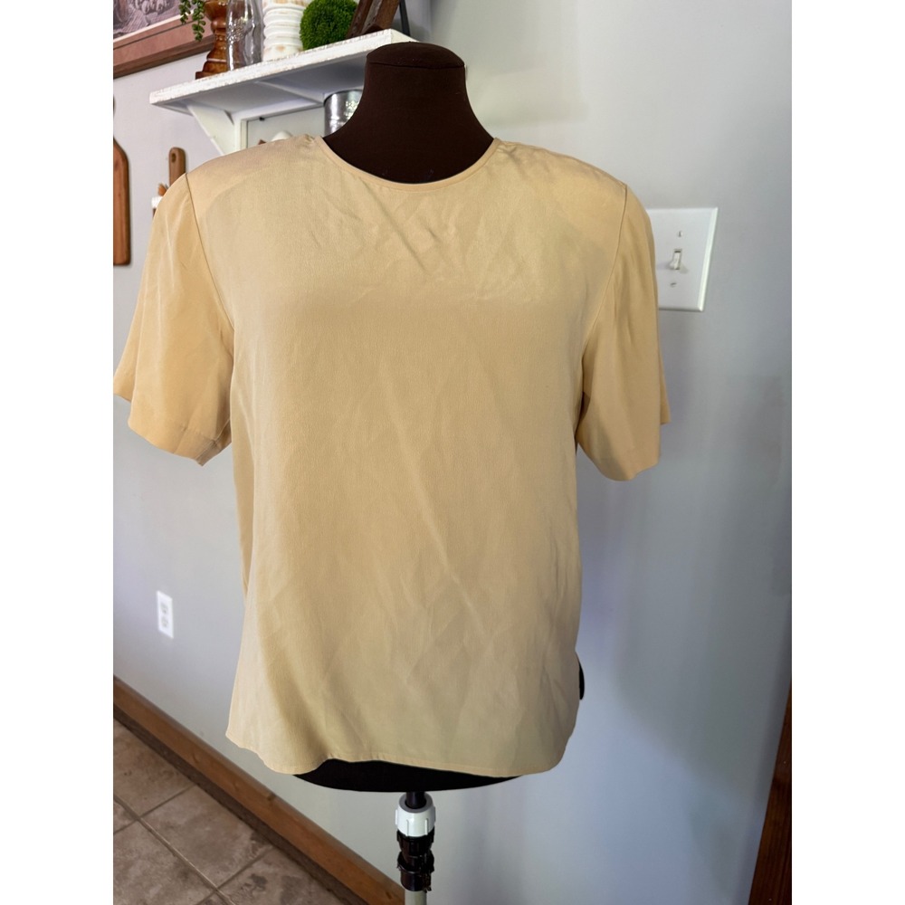 Womens Tan Beige 100% Silk Short Sleeve Blouse‎ Top Small old money quiet luxury